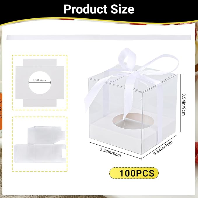 EUSOAR White Cupcake Boxes, 100 Packs 3.5 Inch Individual Clear Dessert Pastry Muffin Cupcake Containers with Inserts and Ribbon, Muffins Gift Holder Mini Cake Carrier for Wedding Party Favor Bakery