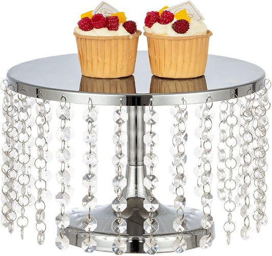 Cake Stand for Dessert Table 10 Inch Silver Crystal Pendants Metal Cake Stand Serves as A Round Dessert Cupcake Display Plate for Table, Wedding, Party, Event