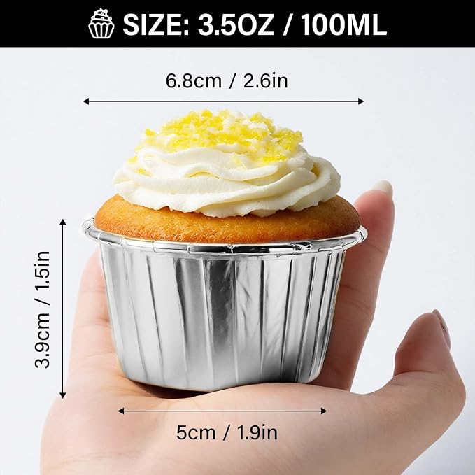 EUSOAR Silver Cupcake Liners, 100pcs 3.5oz Disposable Dessert Containers Muffin Ramekins, Mini Cheesecakes Cups Aluminum Foil Wrappers Paper Cupcake Holders for Birthday Wedding Bridal Party