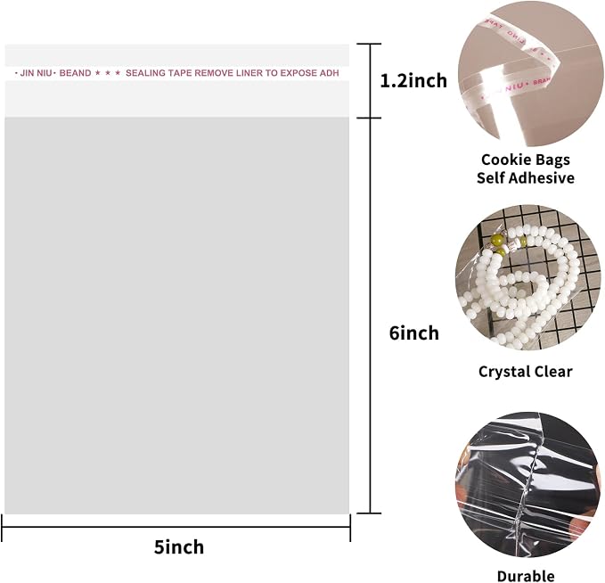 SUREHOME Cookie Bags with Seal, 200 Pcs 5x6 Inch Clear Self Sealing Cellophane Bags for Cookie Packaging Resealable Cello Treat Bag Plastic Individual Cookies Bag for Gift Giving Favors Candy Wrappers
