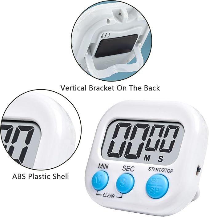 Small Digital Timer for Kitchen Cooking Baking Sports Office Meeting Multi-Function Count Up Countdown Magnetic Backing and ON/Off Switch Desk Electronic Timer (White)