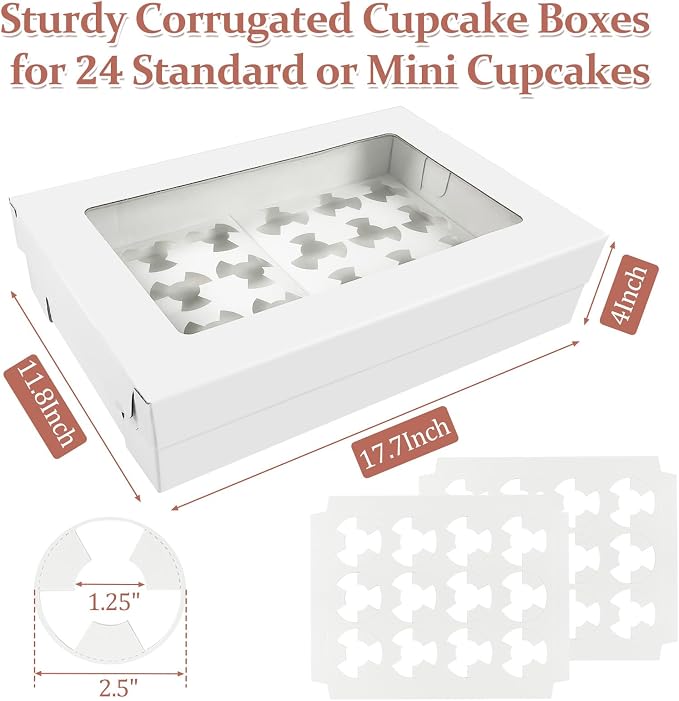 8 Pack Sturdy Corrugated Cupcake Boxes with Window for 24 Standard or Mini Cupcakes, 17.7x11.8x4 Inch Bakery Boxes for Cakes, Cookies, Donuts, Muffins and Pastries