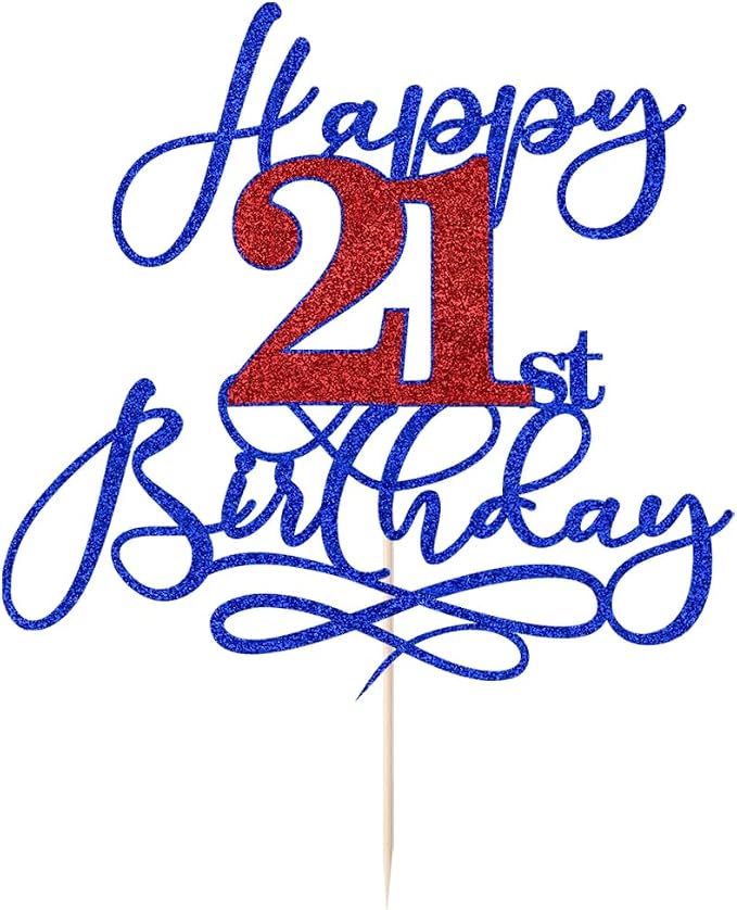 Happy 21st Birthday Cake Topper,Deep blue font red Numbers 21st Birthday Cake Decoration,Hello Twenty-one years old, Cheers to 21 Years/21st Anniversary, Fabulous Party Decoration