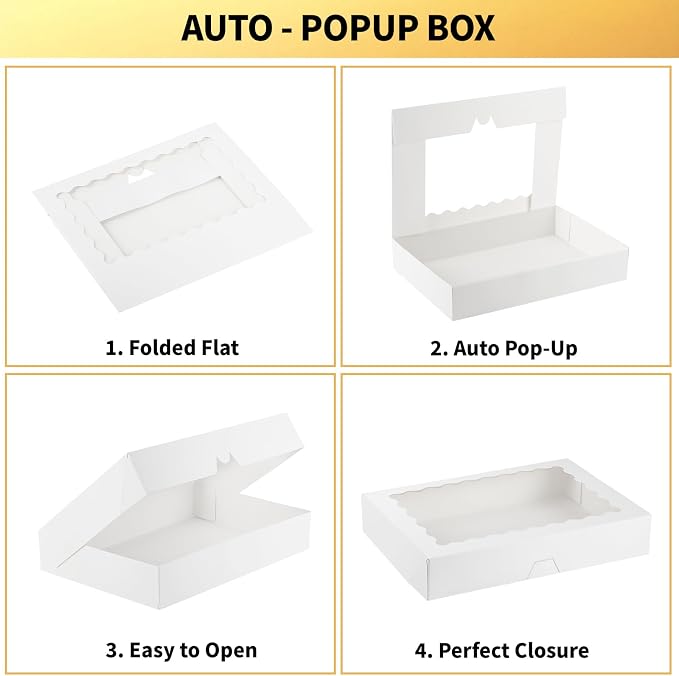 Ocmoiy 20 Pack Cookie Boxes, 14x10x2.5 Inch Large Bakery Boxes with Window, Auto-Popup Treat Box for Chocolate Covered Strawberries, Pies, Donuts, Muffins, Breakable Heart