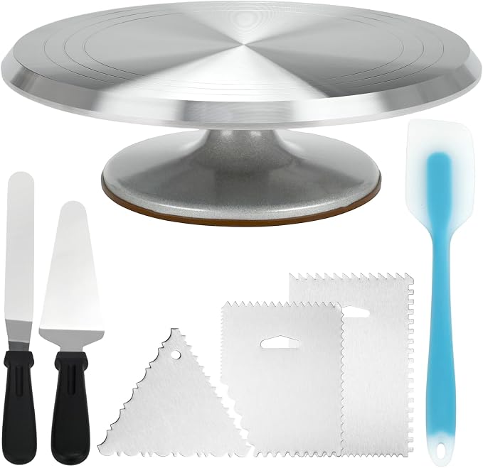 12 Inch Rotating Cake Stand, Aluminium Revolving Cake Turntable Cake Decorating Kit Supplies with Cake Icing Spatula, Cake Slicer, Silicone Spatula, Scraper s (7pcs)