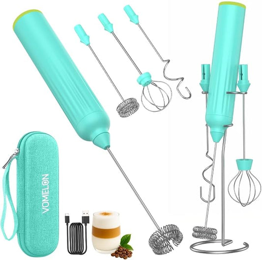 Milk Frother Handheld with 3 Stainless Steel Whisks, Rechargeable Electric Drink Mixer with Stand & Travel Case, Milk Foamer for Coffee, Latte, Cappuccino, Hot Chocolate, Egg,Jam Supplement-Mint