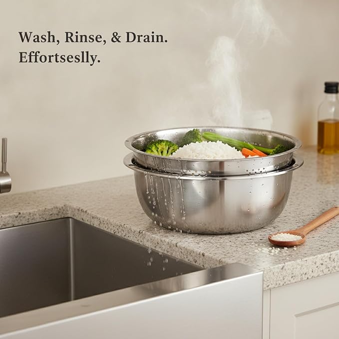 2-Piece Stainless Steel Colander and Bowl Set, Nested Strainer for Washing Veggies, Draining Pasta, and Food Prep (Silver)