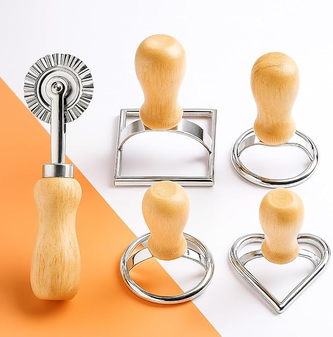 Christmas Cookie Cutter Roller Set of 5 – Biscuit Molds with Oak Wooden Handles, Includes Round/Heart/Square Rolling Pastry Cutter for Baking Holiday Cookies & Biscuits