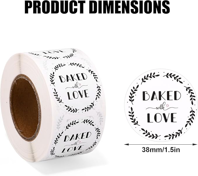500pcs Baked with Love Stickers, 38mm/1.5 Inch Round White Red Heart Bakery Labels Sealing Packaging Stickers for Homemade Baked Goods Canning Jars Cookie Bags