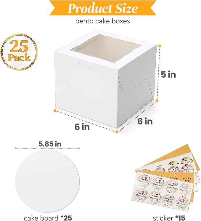 COTOPHER 50pcs 6x6x5 Inch Mini Cake Boxes, 6 Inches Small Bakery Box (25 Boxes & 25 Boards), Bento Cake Containers for Cookies, Cupcake, Desserts, Birthday, Party, Wedding, Valentine's Day