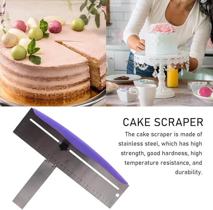 Adjustable Cake Scraper, Leveler and Smoother, Stainless Steel Icing Spatula with Clear Scale for Baking, Frosting, Mousse and Cake Decorating