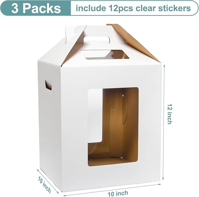 Wowxyz 3 Pack Tall Cake Boxes for Tier Cakes 10x10x12 Inch Disposable Layer Tall Cake Baking with Window Large Tierd Bakery Take Out Transport Containers with Handle for Wedding, Birthday, Party
