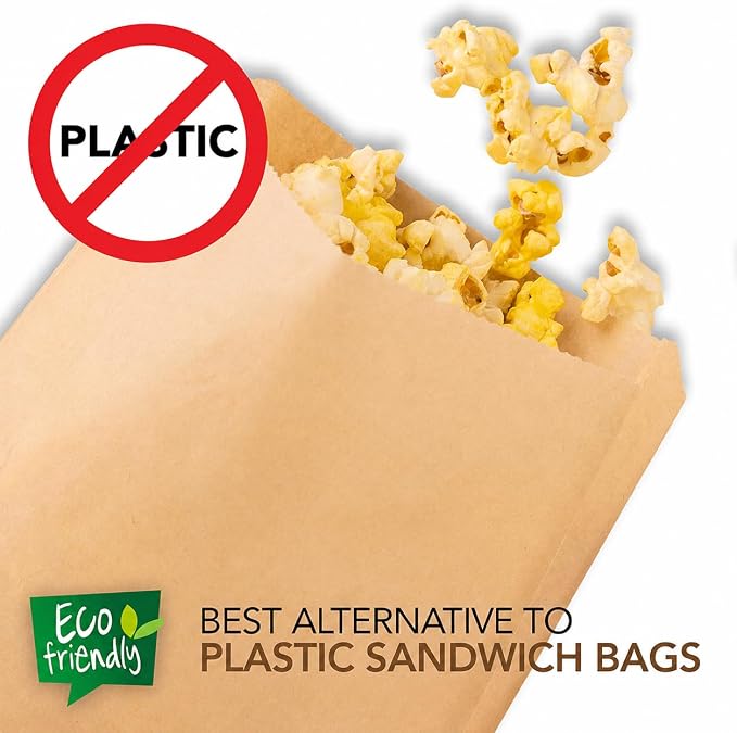 Paper Sandwich Bags Kraft Brown (200 Pack), Food Grade Unbleached Kraft Paper for Bakery, Cookies, Treats, Snacks, Sandwiches