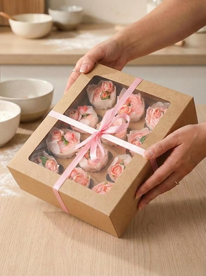 Bakepacker 12 Cupcake Containers 12-Packs Brown Cupcake Box Cupcakes Carrier, 12 Cupcake Boxes with Window 13"x10"x3.5"（Auto-pop up）