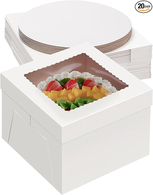 20Pack 10 Inch Cake Boxes With Cake Boards (10 boxes & 10 boards), 10X10X8 Inch White Bakery Boxes With Windown For Cajas Pasteles, Cookie, Pastries,Pie, Fathers day