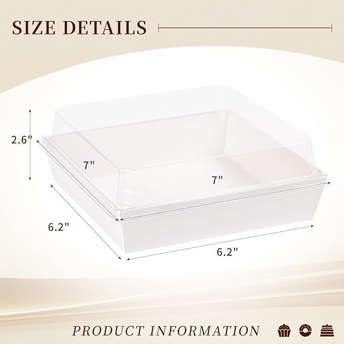 7 x 7 x 2.6 Inches Large Charcuterie Boxes with Clear Lids, 50 Pack Disposable Square Kraft Bakery Boxes, To Go Paper Food Container for Cake Slices, Sandwiches, Cookies, Dessert (White)