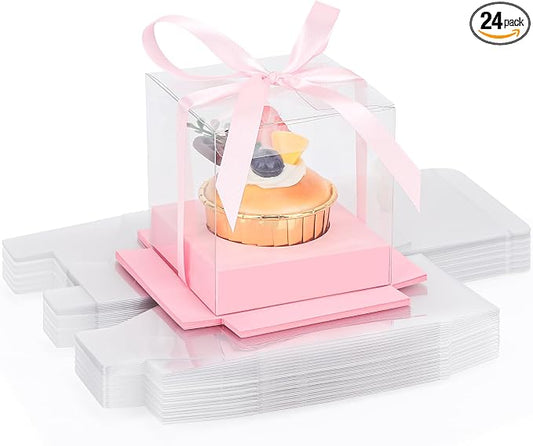 EUSOAR Plastic Clear Cupcake Holder, 24pcs 3.5 Inch Pink Single Cupcake Carrier with Ribbon and Inserts, Cupcake Carrier Storage for Cake Dessert Cupcake Boxes for Wedding Birthday Party Favor