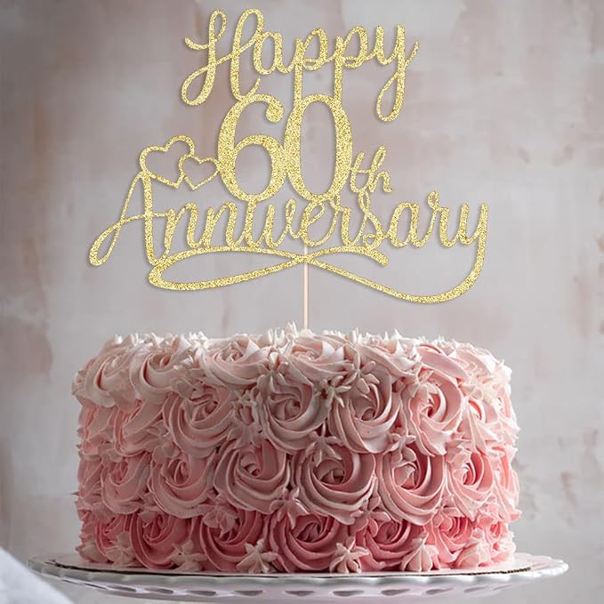 Sleyberoy Gold Glitter Happy 60th Anniversary Cake Toppers -Wedding Anniversary Party Decorations, 60th Wedding Anniversary, Company Anniversary Party, Birthday Party Decorations (60 Gold)