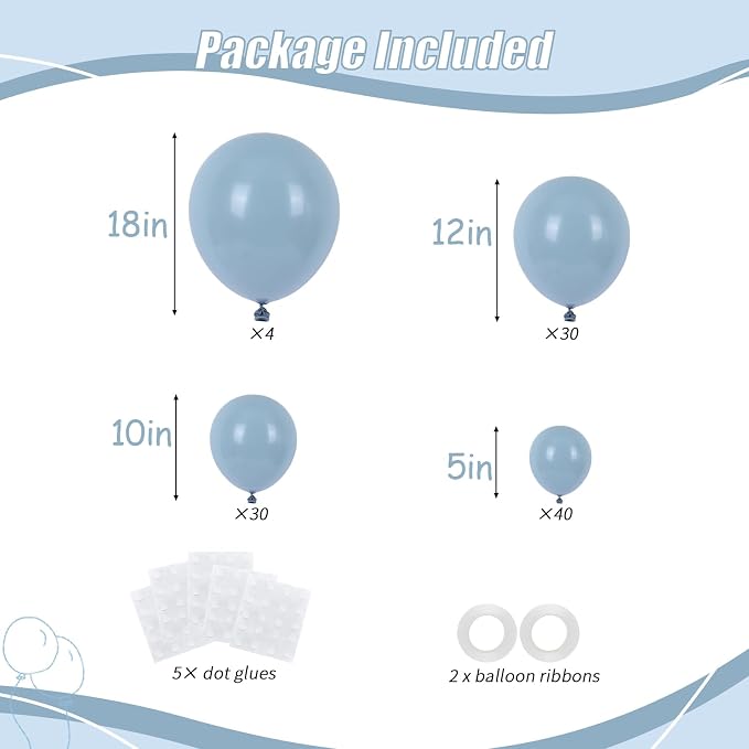 104pcs Dusty Blue Balloons - 18/12/10/5 Inch Matte Haze Blue Latex Balloons Garland Arch Different Sizes Pack for Baby shower, Wedding, Bridal Shower Party Decor