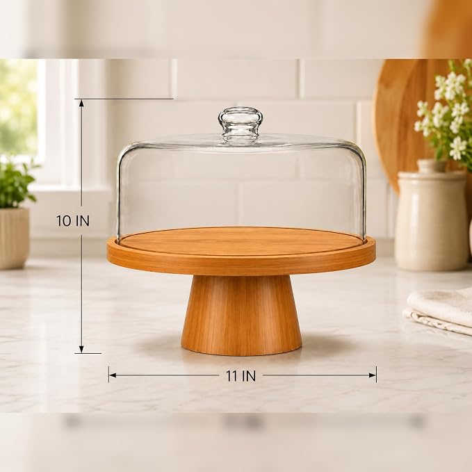 Bamboo Cake Stand with Glass Dome Lid, 12 Inch Wooden Cake Holder with Magnetic Base, Detachable Serving Tray for Cake, Cheese, Charcuterie, Snacks, Desserts, Party & Kitchen Display