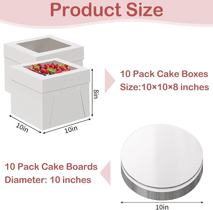 WINKIO Cake Box with Cake Boards, 10 Pack Disposable Cake Carrier, Cakes Transport Container, White Bakery Holder with Window (10, white, 10x10x8 Inches)