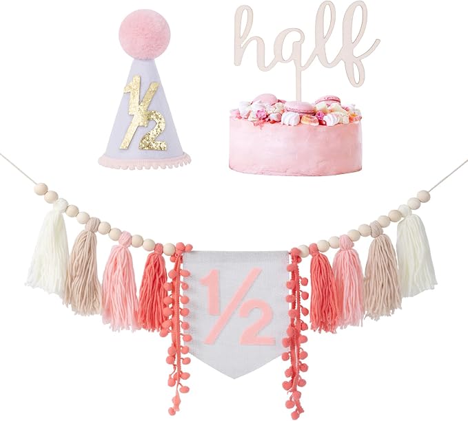 CWK Half Birthday Decorations for Baby, 1/2 Birthday High Chair Banner with Cone Hat & Cake Topper, Half Way to One Party Kit, Photo Props for 6 Month Baby Birthday(Pink)
