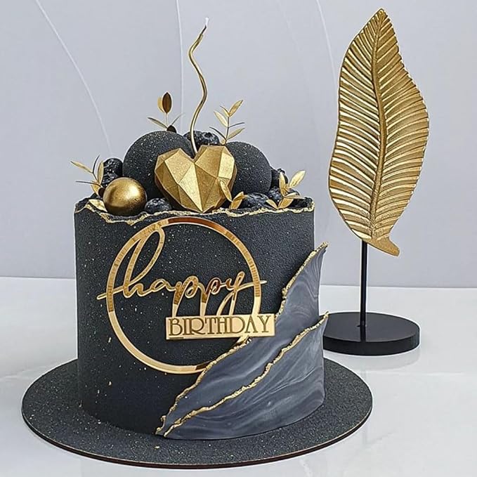 5pcs Acrylic Happy Birthday Cake Toppers Happy Birthday Sign Cakes Decor Round Square Side Cupcake Toppers Mirror Gold Cake Decorations for Women Men Birthday Party Supplies