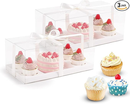 3Pcs Bento Cake Box and Cupcake 1+4 Combination Clear Window Bento Boxes, 6 Holes Bento Vake Box Suitable for 4 Regular Cupcakes and Mini Cakes
