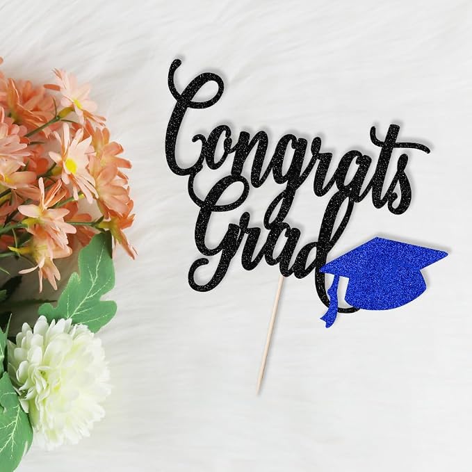 Congrats Grad Cake Topper,2026 Graduation Cake Topper, Congrats Grad Decorations,2026 High School/College/Senior Graduation Party Decorations Supplies. (Congrats Grad Black and dark blue)