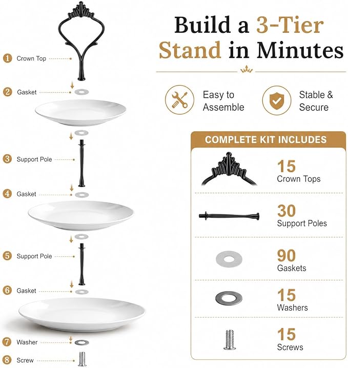 15 Pcs Tiered Tray Hardware Kit Crown Handle Zinc Alloy Black 3-Tier | Black finish for farmhouse and modern trays; complete rods washers screws for repeat cake stand builds