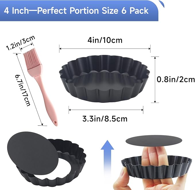 6 Pack Mini Fluted Tart Pans 4 Inch with Removable Bottom, Nonstick Quiche Pan with Silicone Basting Pastry Brush for Baking Treats, Pie, Quiches, Tartlets