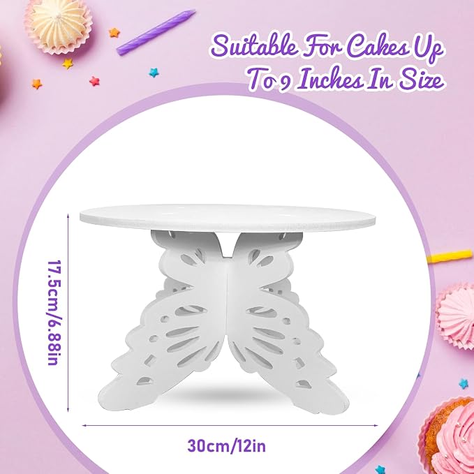 AOCEAN 12 Inch Butterfly Cake Stand, White Butterfly PVC Cake Holder for Birthday Wedding Party, Round Cake Stand for Dessert Table (2 Pack)