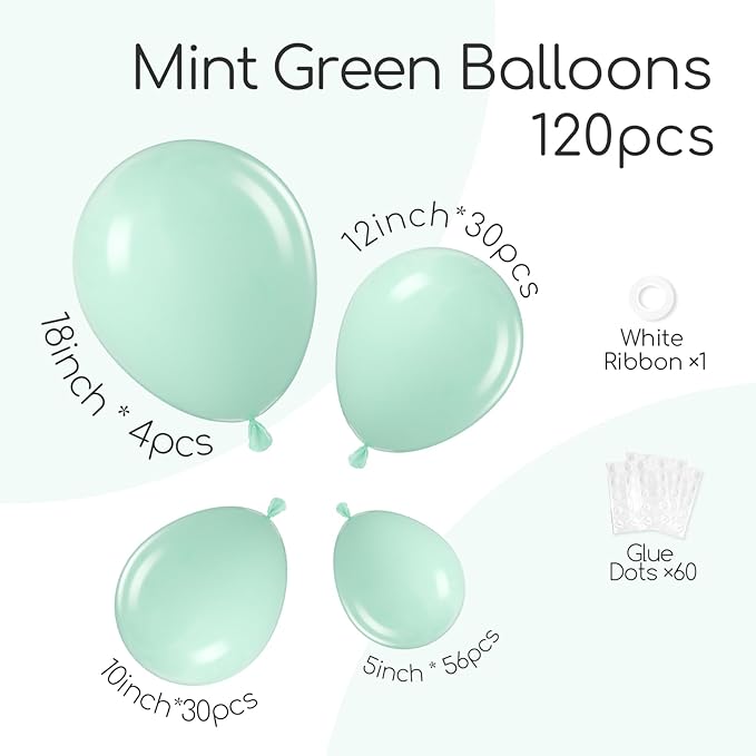 120pcs Mint Green Balloons, 18 12 10 5 inch Mint Green Latex Balloons Different Sizes Balloon Arch Kit for Birthday Baby Shower Gender Reveal Wedding Party Decorations