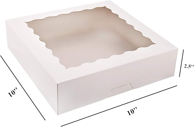 Tcoivs 20-Pack Pie Boxes 10" x 10" x 2.5", Cookie Boxes, Bakery Boxes with Window for Muffins, Donuts and Pastries (White)