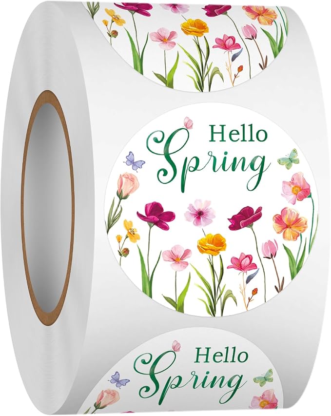 Louise Maelys 500 Pcs Spring Flowers Stickers Roll, 1.5 Inch Hello Spring Floral Holiday for Kids and Adult, Adhesive Decoration Round Labels for Baking Card Gift Envelope Craft Making