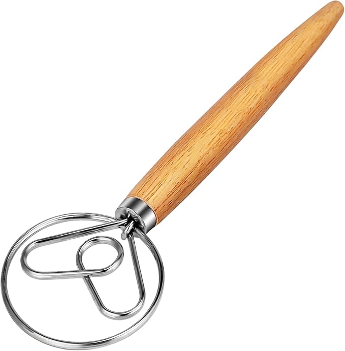 TEEVEA Danish Dough Whisk, Stainless Steel Wood Handle for Sourdough Bread | Dishwasher safe, non-stick, effortless mixing, dutch dough stirrer, for bread batter pastry, sourdough baking tool