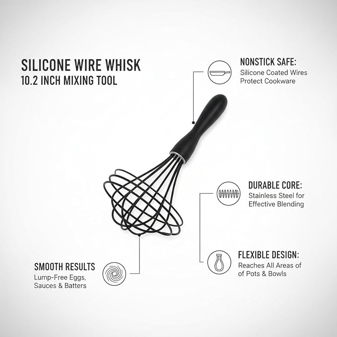 Silicone Wire Whisk, Stainless Steel Core Coated Wires for Nonstick Cookware, 10.2 Inch Mixing Tool (1 PC)