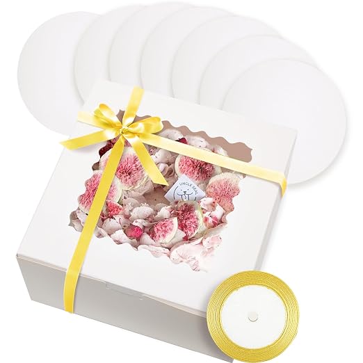 qiqee 10x10x5 Cake Box, 18 Sets White Cake Box with Window ＆ 18 Sets 10" White Cake Round Boards, 10inch Cake Containers, 10 Meters Gold Silk Ribbon