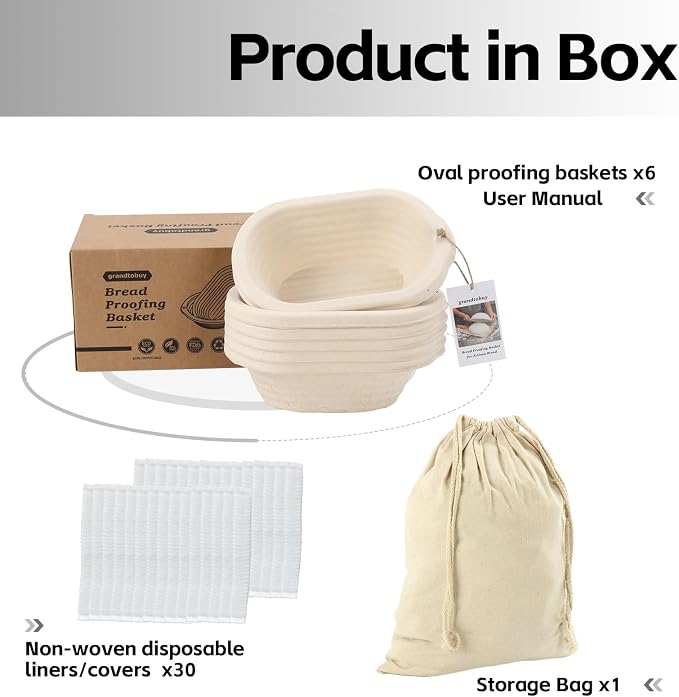 6x 8 inch Pulp Oval Sourdough Banneton Bread Proofing Basket Baking Supply with 30pcs Disposable Liners for Professional and Homemade Artisan Bread