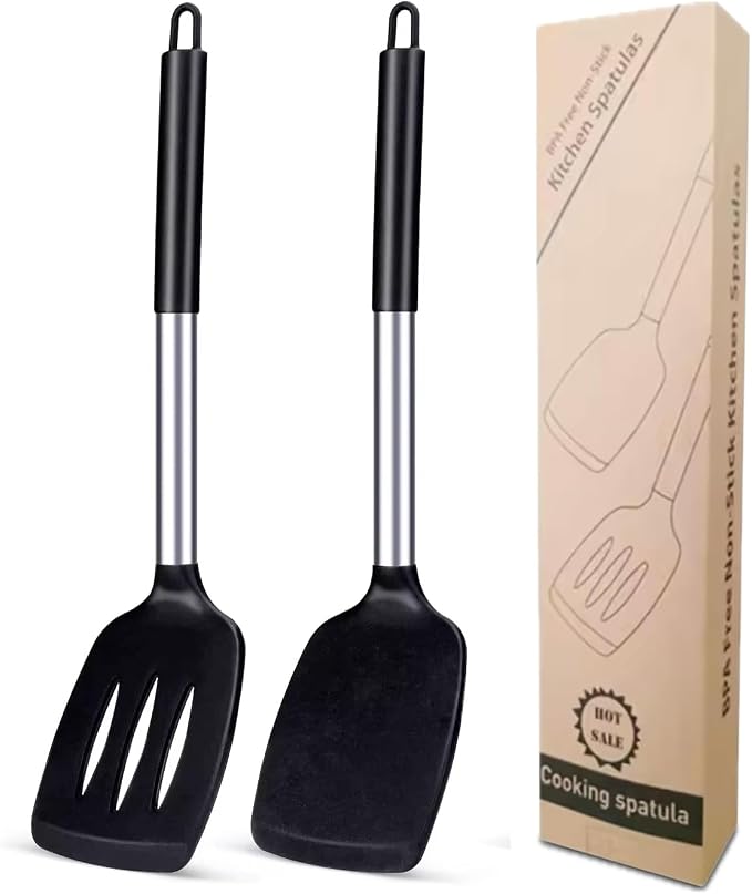 Premium 2-Piece Silicone and Steel Spatula Set, Black Kitchen Utensils with Ergonomic Handles, Professional Cooking Tools