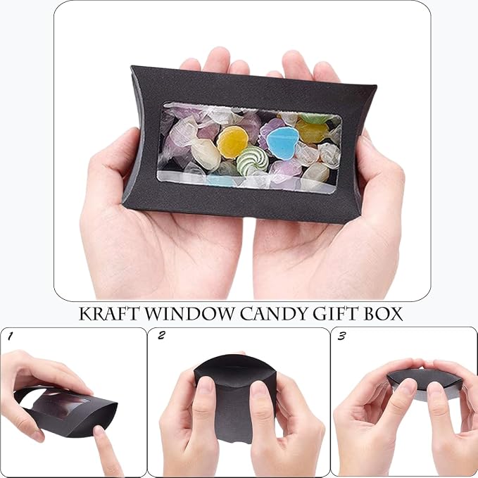 50 Pcs Pillow Gift Boxes with Windows,Kraft Paper Mini Pillow Packaging Box, Creative Favor Box Folding Treat Boxes with Clear Window for Bakery Candy Chocolate Jewelry Display Wedding Party Favor (Black 50)