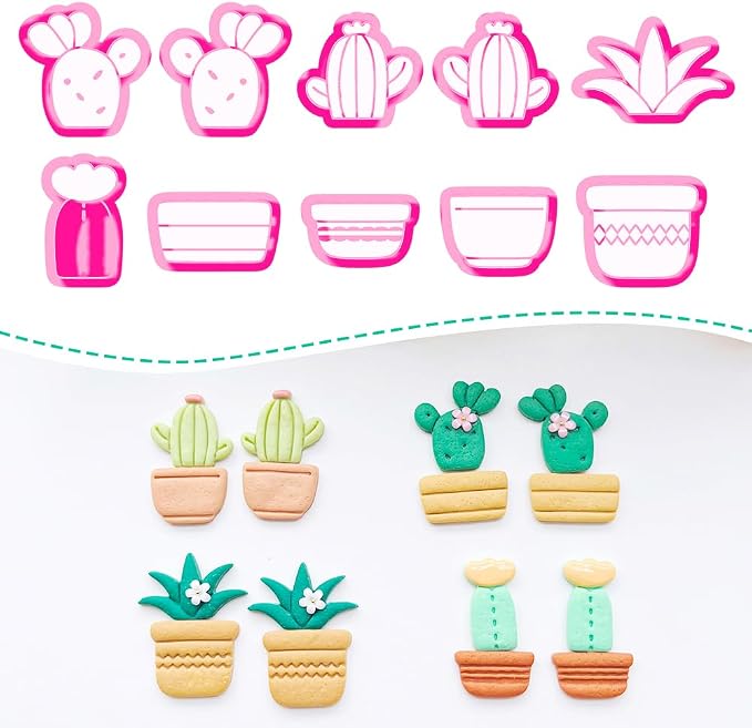 Cute Cactus Polymer Clay Cutters Set - 10pcs Cartoon Succulent Plant & Flower Pot Shapes for DIY Earring Jewelry Making, Soft Clay Crafts, Scrapbooking & Miniature Decor