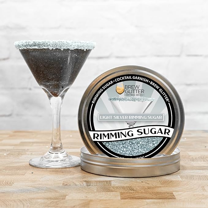 Brew Glitter - Light Silver Rimming Sugar (4oz, 1x Bar Tin) Cocktail Garnish for Mixed Drinks & Refreshments