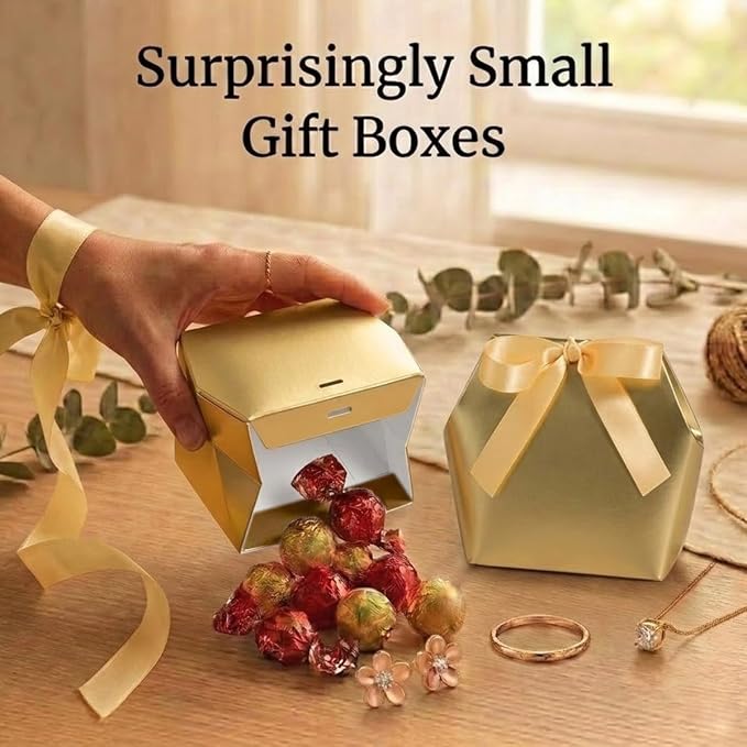 Rowcay Small Gift Boxes with Ribbons, 16 Pack Gold Foldable Empty Gift Boxes for Wedding Party Favors, Cookies, Candy, Jewelry, Small Presents, Gift Packaging and Favor Displays