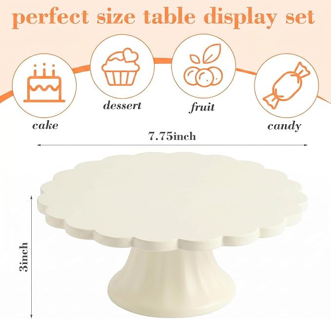 Vesici Cream Wooden Cake Stand Scalloped Reusable Round Cake Stand Dessert Holder for Cupcake Donut Dessert Wedding Baby Shower Party Supply (7.75" L x 7.75" W x 3" H)