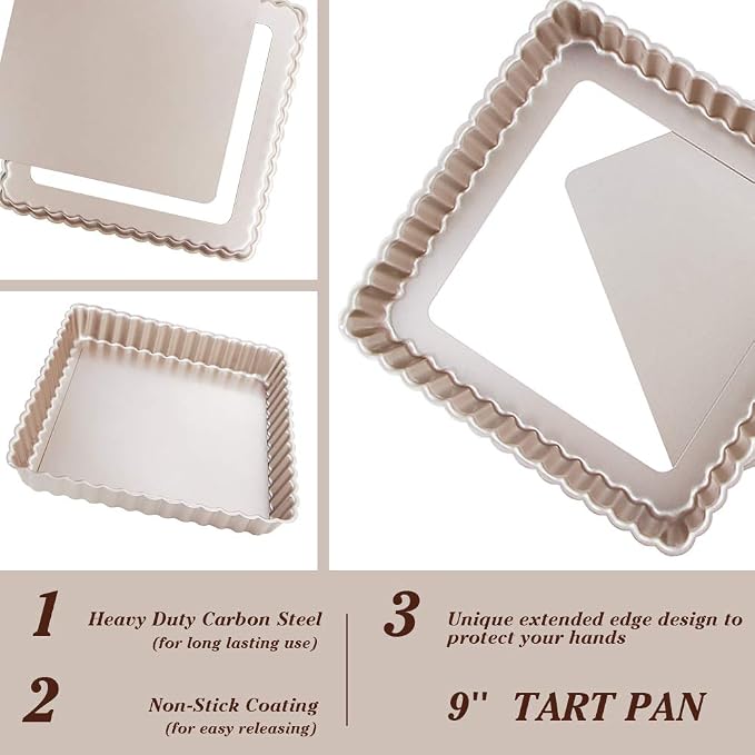 Webake Square Tart Pan, 9 by 9 Inch Tart Tin with Removable Bottom, Non-Stick Carbon Steel Quiche Pie Pan for Baking