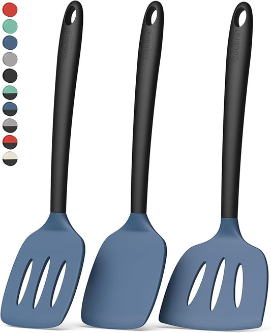 Coukre 3 Pack Silicone Spatula Set, High Heat Resistant, BPA-Free, Fish Spatula, Solid & Slotted Turner for Non-Stick Pans, Flipping Eggs, Pancakes, Fish, Burgers (3, DarkBlueBlack)