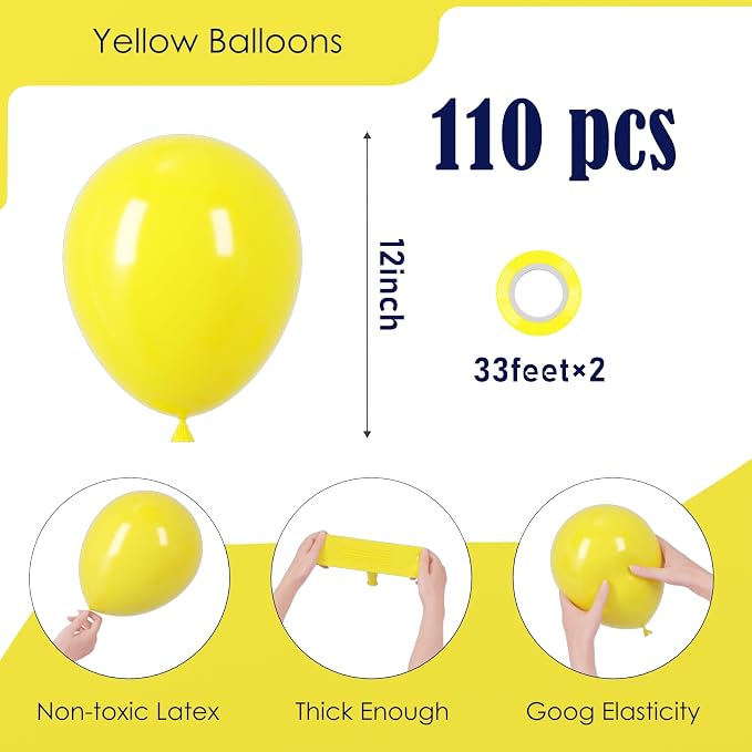 Voircoloria 110pcs Yellow Balloons 12inch Yellow Latex Party Balloons for Graduation, Wedding, Birthday, Gender Reveal, Baby Shower, Anniversary, Sunflower and Honeybee Theme Party Decorations