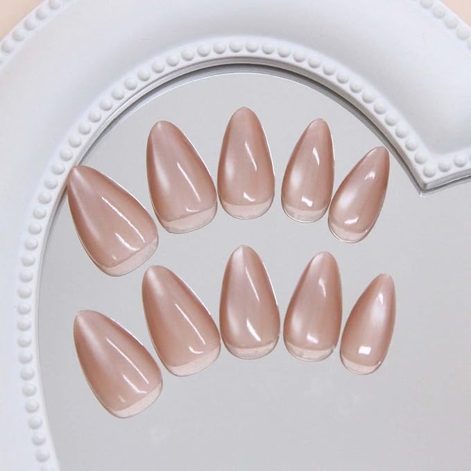 30Pcs Press on Nails Short Almond ZWENJIE Cat Eye Fake Nails Press ons Nail Tips Stick on Nails Tip Acrylic Nails Kit French False Nails with Light Coffee Design Nail Art for Women Manicure