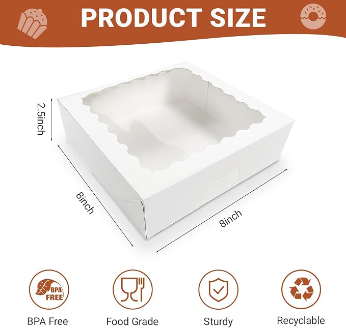 12 Pack White Pie Box Bakery Boxes with Window, 8 x 8 x 2.5 Inches Auto-Popup Cookie Boxes Treat Boxes for Chocolate Strawberries, Pastries, Muffins, Donuts